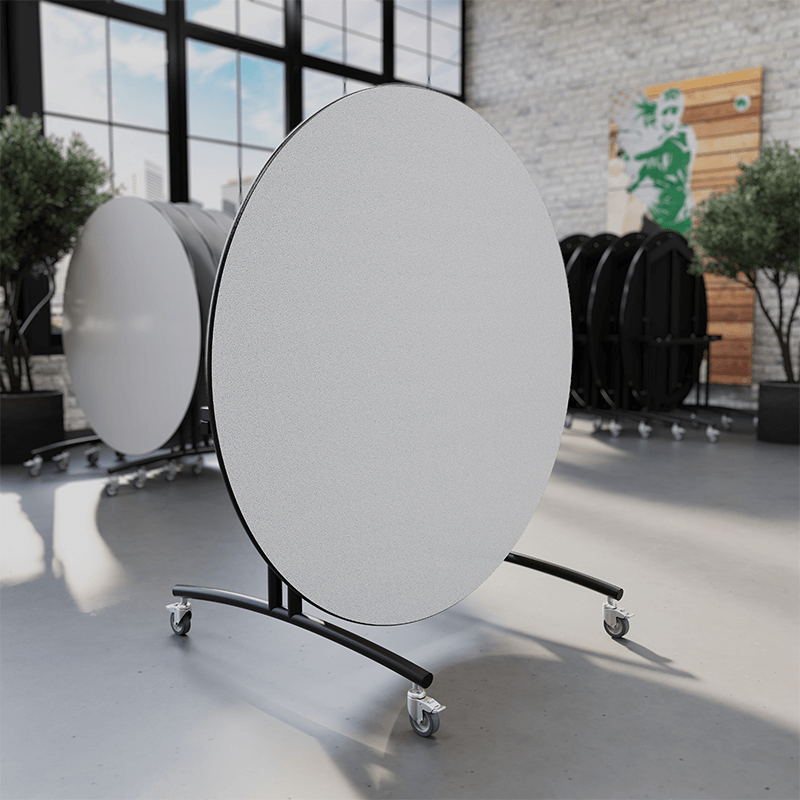 60-inch round folding cafeteria table on rolling casters, shown in upright nested storage position for compact, space-saving cafeteria organization.